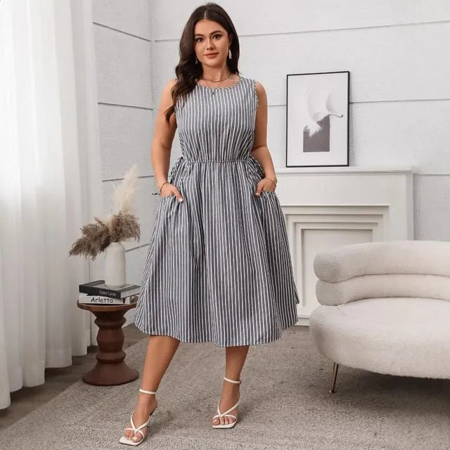 Plus Size Sleeveless Striped Slim-Fit Midi A-Line Dress