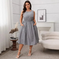 Plus Size Sleeveless Striped Slim-Fit Midi A-Line Dress