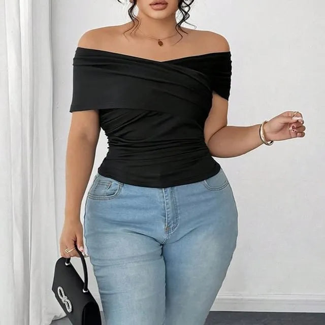 Plus Size Short Sleeve off-Shoulder Plain Slim-Fit T-Shirt
