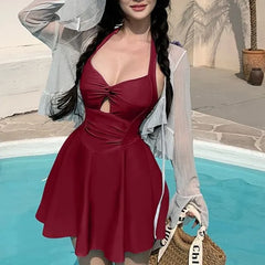 [L-5XL] Set: Halter Cutout Ruched Swimdress + V-Neck Plain Ruffle Cover Up Jacket