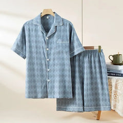 Pajama Set: Short-Sleeve Lapel Collar Argyle Button Top + Lounge Shorts