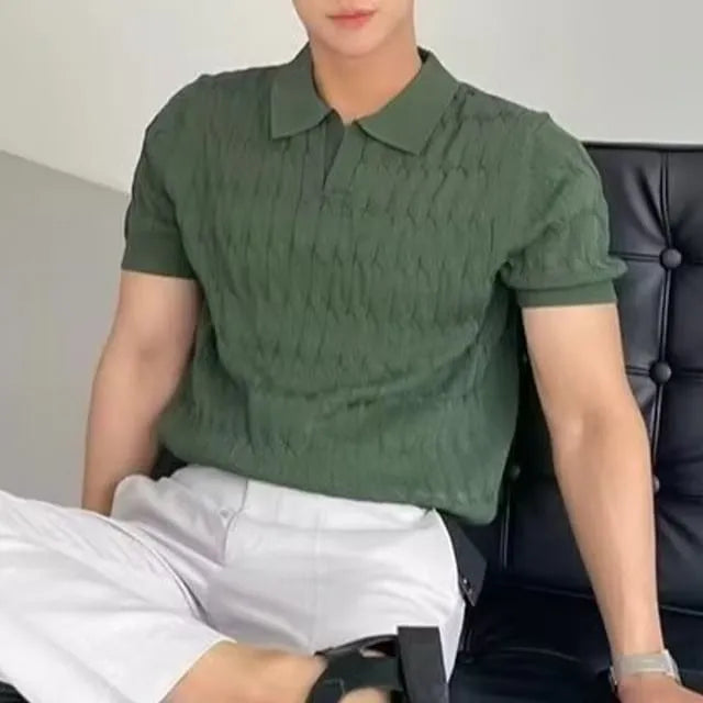 Short Sleeve Open Placket Plain Cable Knit Polo Top
