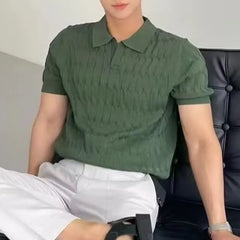 Short Sleeve Open Placket Plain Cable Knit Polo Top