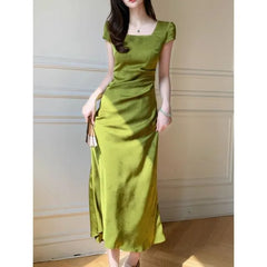 Short-Sleeve Square Neck Jacquard Midi Sheath Dress