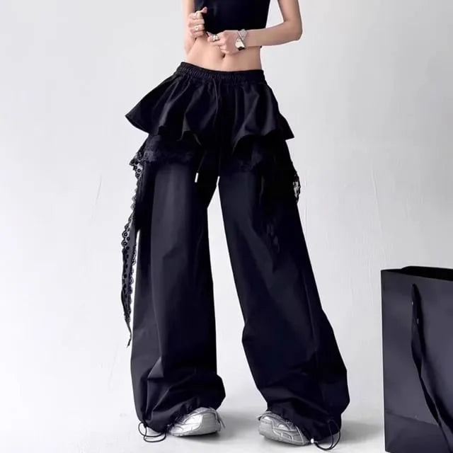 Drawstring Waist Lace Panel Layered Skirt Overlay Baggy Cargo Pants