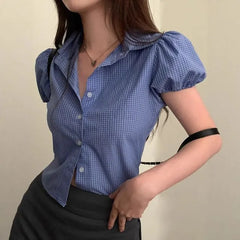 Puff Sleeve V-Neck Plaid Slim-Fit Crop Shirt