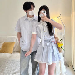 Couple Matching Short-Sleeve Collared Striped Button Up Shirt / Short-Sleeve Tie Neck Mini A-Line Dress