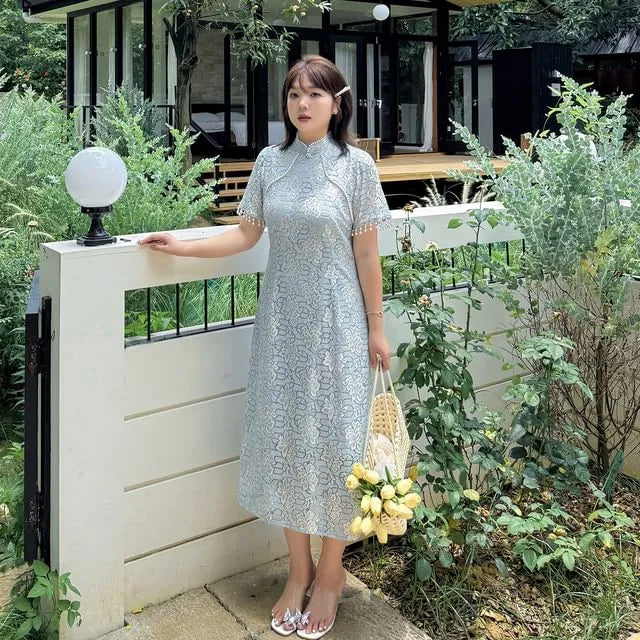 [XL-4XL] Short-Sleeve Stand Collar Lace Midi A-Line Dress