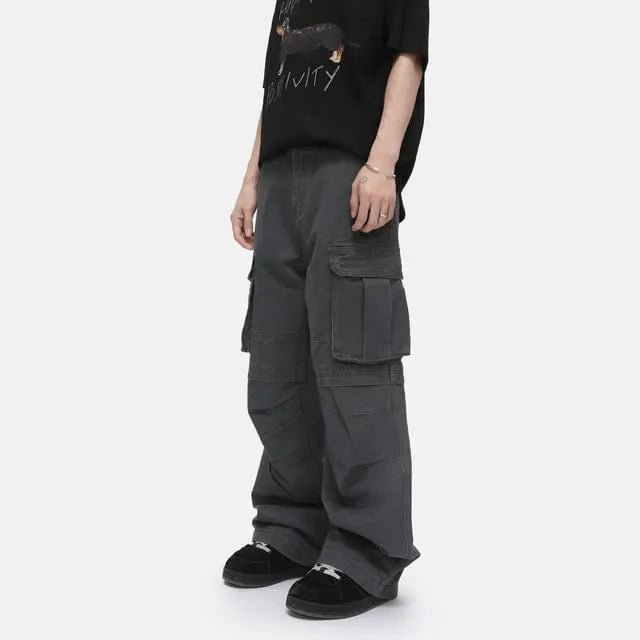 Mid Rise Plain Straight Leg Cargo Jeans