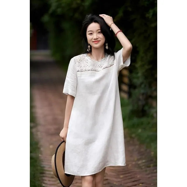 Short-Sleeve Crew Neck Plain Lace Trim Sundress