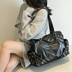 Studded Buckled Faux Leather Utility Tote Bag