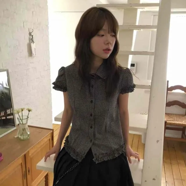 Short-Sleeve Collared Plaid Ruffle Trim Button Up Shirt