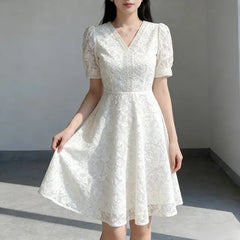 Puff-Sleeve V-Neck Midi A-Line Lace Dress