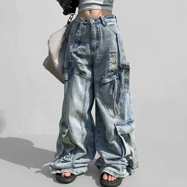 Mid Waist Washed Cargo Baggy Jeans