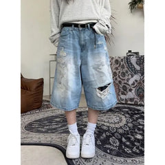 Unisex Camouflage Distressed Wide-Leg Denim Shorts