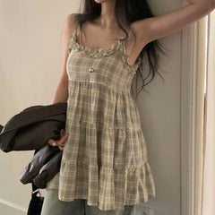 Scoop Neck Plaid Ruffle Cami Top