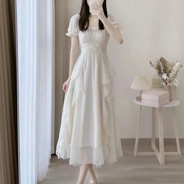 Short Sleeve Square Neck Plain Maxi A-Line Dress