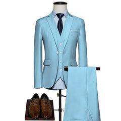 Set: Lapel Collar Plain Single Breasted Blazer + Button Vest + Mid Rise Dress Pants