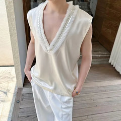 Sleeveless V-Neck Plain Ruffle Trim Oversized  Top