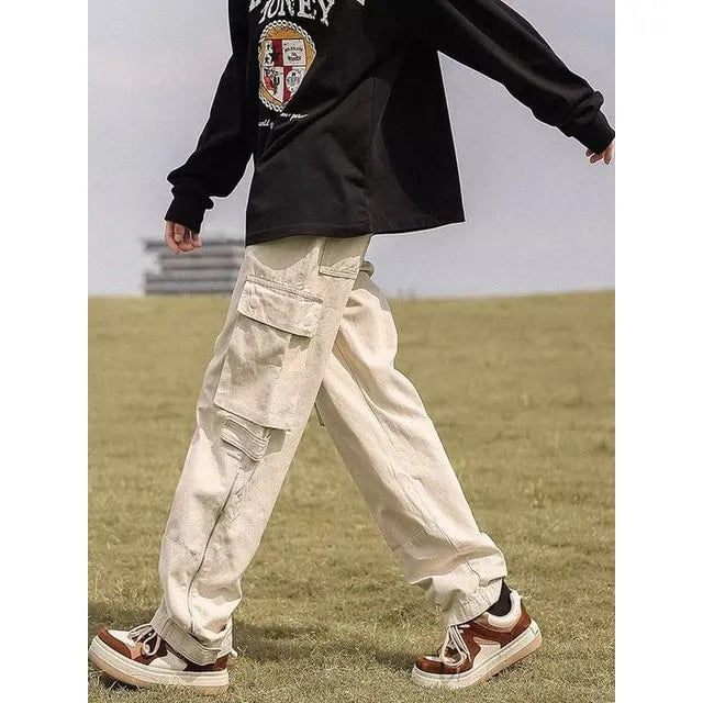 Mid Rise Plain Cargo Straight Leg Pants