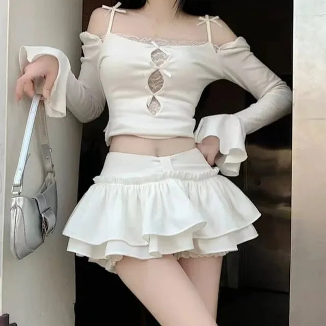 High Waist Plain Frill Trim Layered Mini A-Line Skort