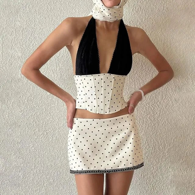 Halter V-Neck Color-Block Dotted Corset Tank Top / Low Rise Mini Pencil Skirt