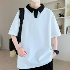 Elbow-Sleeve Contrast Collar Polo Shirt