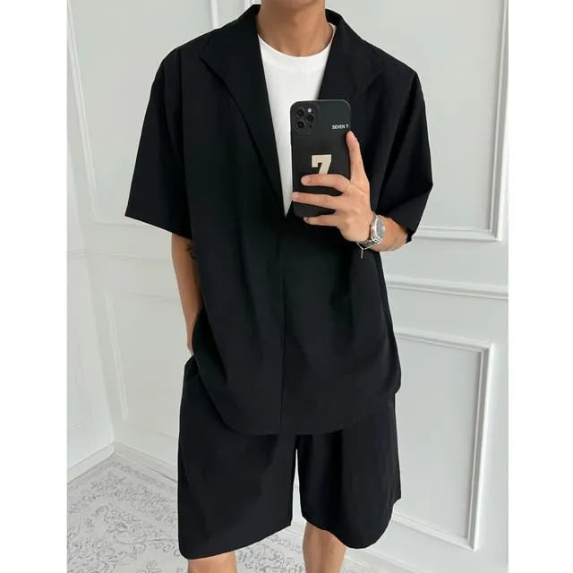 Set: Mock Two-Piece Elbow-Sleeve Split Neck Shirt + Drawstring Waist Plain Wide Leg Shorts