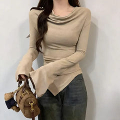Long-Sleeve Cowl Neck Plain Asymmetrical T-Shirt