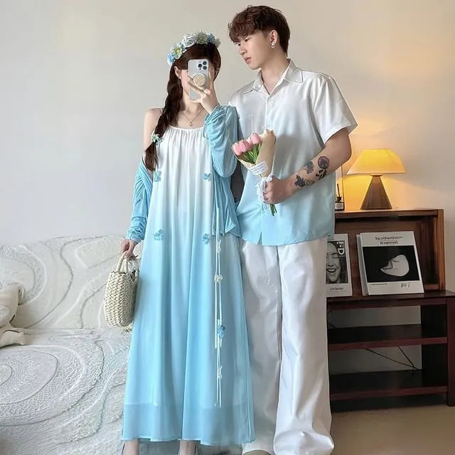 Couple Matching Short-Sleeve Gradient Shirt / Sleeveless Maxi A-Line Dress / Cardigan