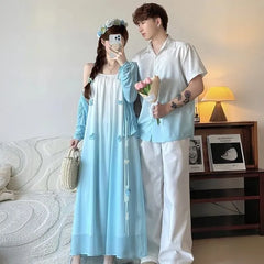 Couple Matching Short-Sleeve Gradient Shirt / Sleeveless Maxi A-Line Dress / Cardigan