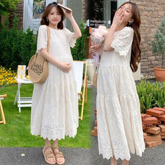 Maternity Short Sleeve Midi A-Line Eyelet Lace Dress