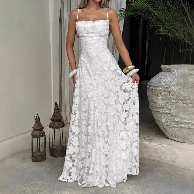 Spaghetti Strap Midi A-Line Lace Dress