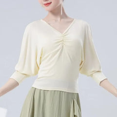Puff-Sleeve V-Neck Plain Shirred Dance Top