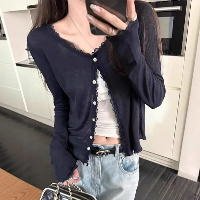 V-Neck Plain Lace Trim Button Up Cardigan
