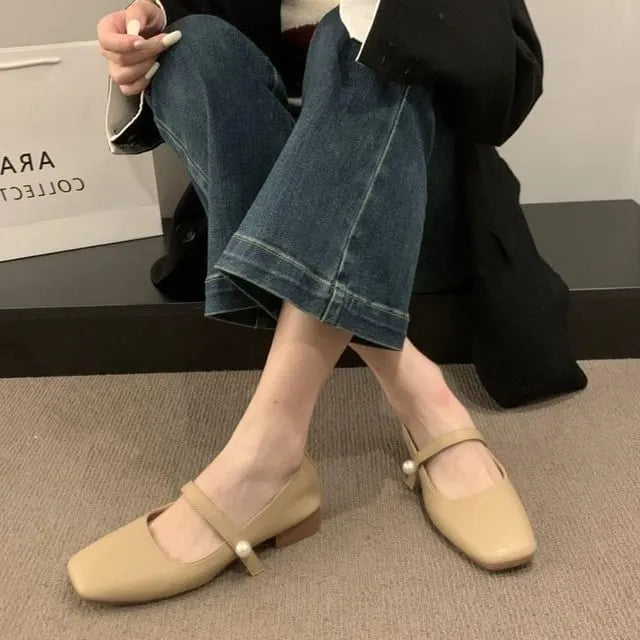 Square Toe Faux Pearl Accent Mary Jane Shoes