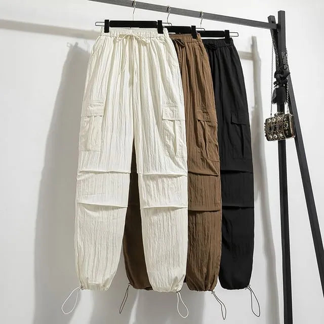 Drawstring Waist Plain Cropped Harem Cargo Pants