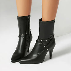 High Heel Faux Leather Pointy Studded Short Boots