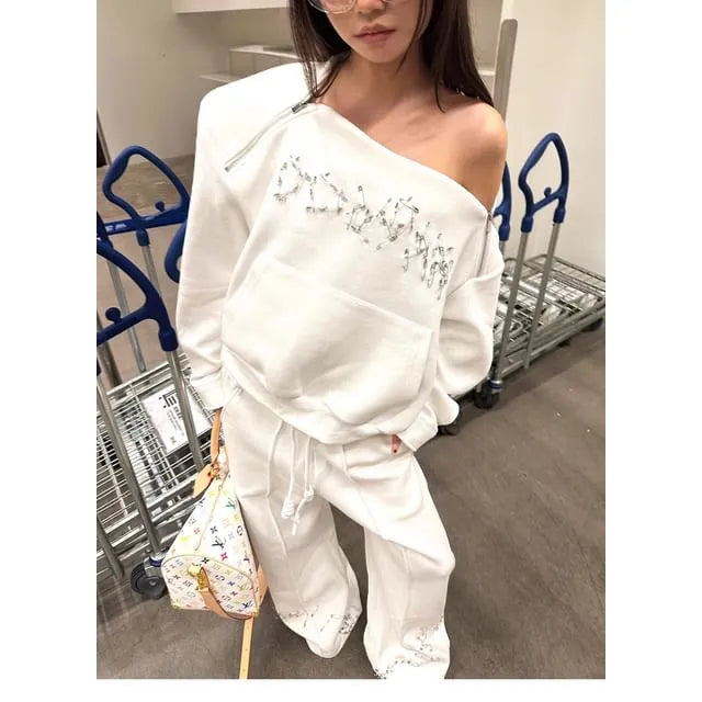 Off-Shoulder Safety Pin Accent Zipped Sweatshirt / Drawstring Waist Baggy Sweatpants