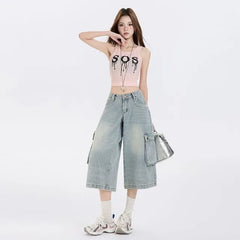 Mid Rise Washed Capri Wide Leg Cargo Jeans
