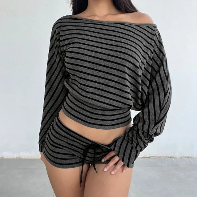 Long Sleeve Off Shoulder Striped Slim-Fit Crop Top / Low Waist Hot Pants