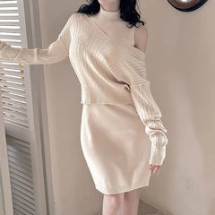 Set: Sleeveless Mock Neck Plain Sheath Knit Dress + Long-Sleeve Ribbed Knit Top