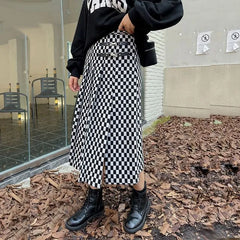 [XL-4XL] High Rise Checkerboard Midi A-Line Skirt