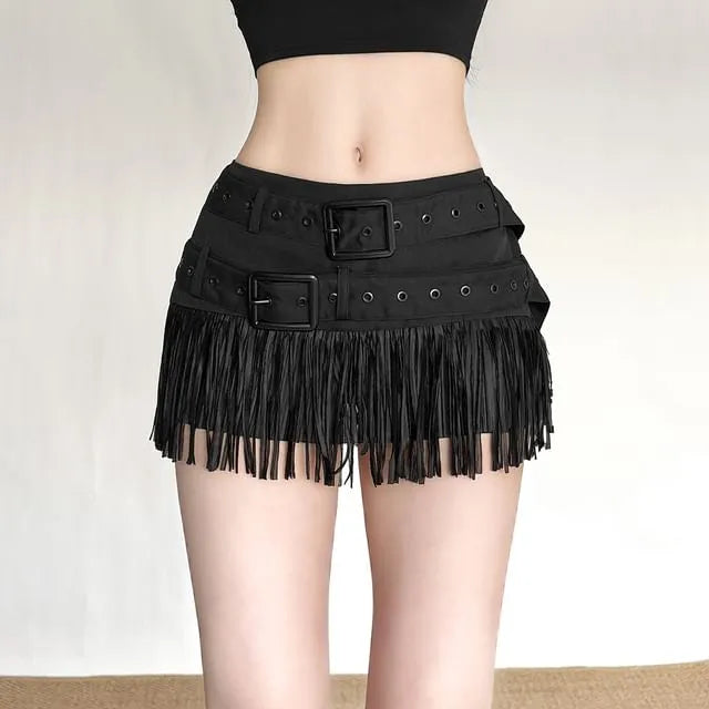 Mid Waist Belt Accent Plain Fringe Mini Pencil Skirt
