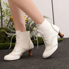 Brogue Lace-Up Kitten Heel Short Boots