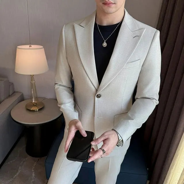 Peak Lapel Single-Breasted Plain Blazer / Mid Rise Straight Leg Dress Pants / Set