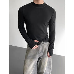 Long-Sleeve Mock Neck Plain Slim Fit T-Shirt