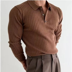 Long-Sleeve Plain Ribbed Knit Polo Shirt