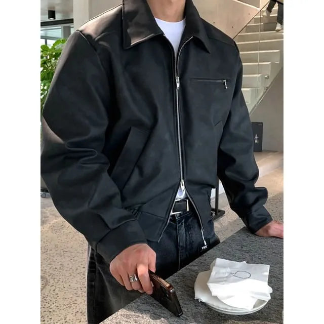 Collar Plain Faux-Suede Zip Jacket