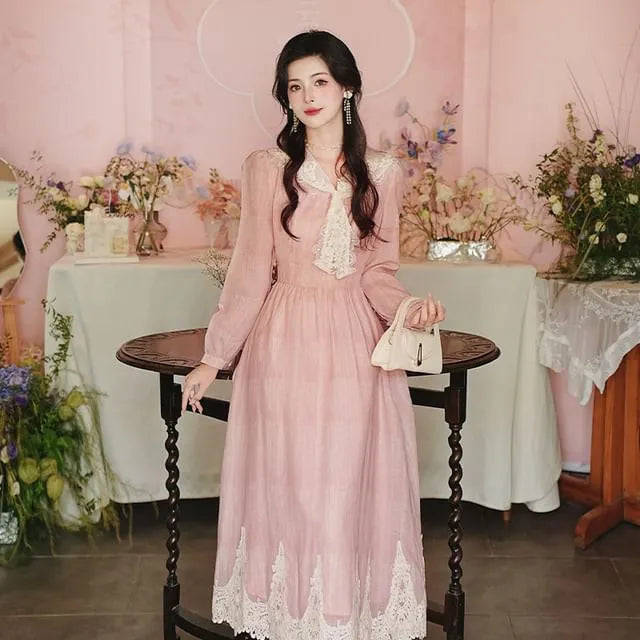Long Sleeve Collared Panel Lace Midi A-Line Dress